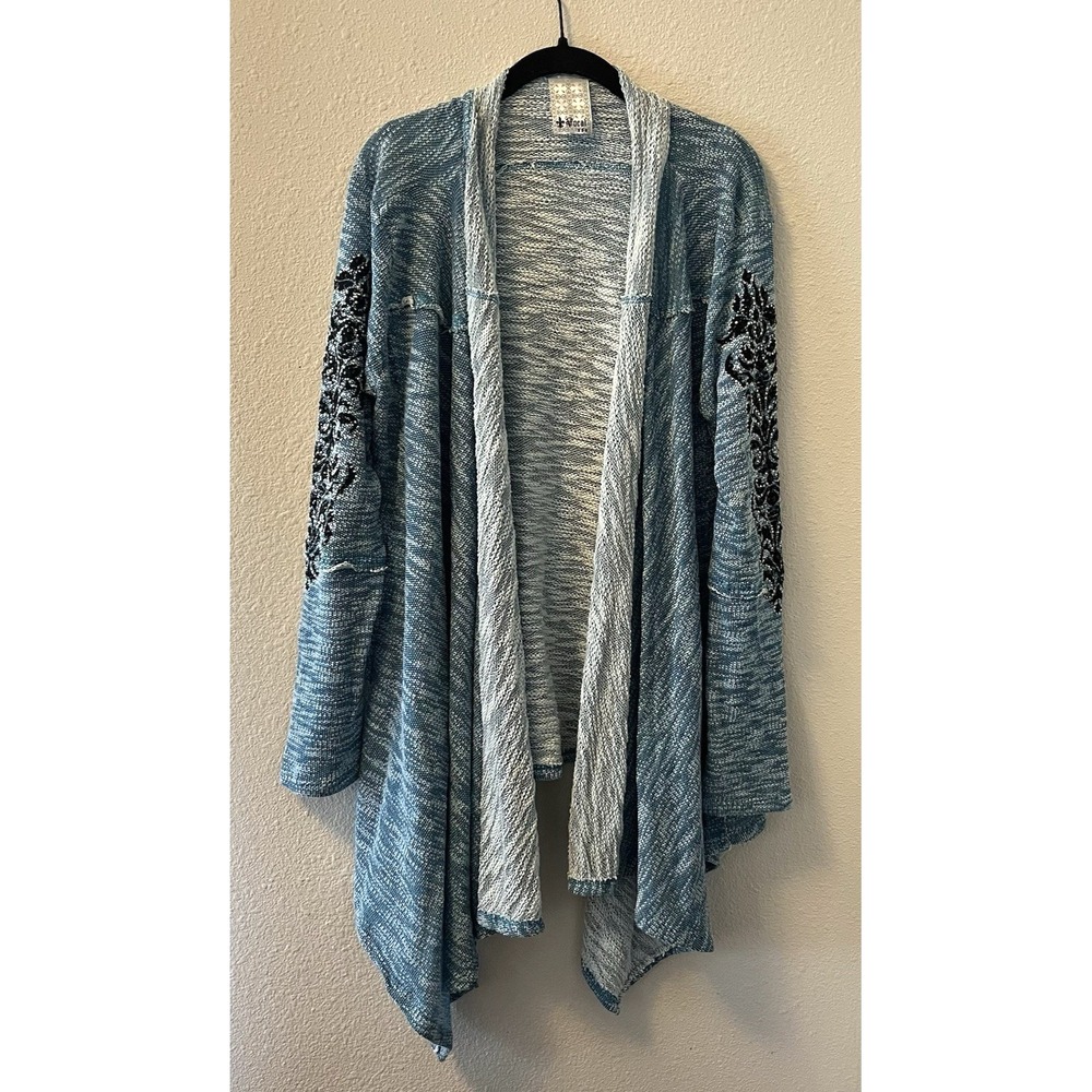 VOCAL USA Womens Open Cardigan Sweater Duster XL Blue Rhinestone Sleeves Y2K